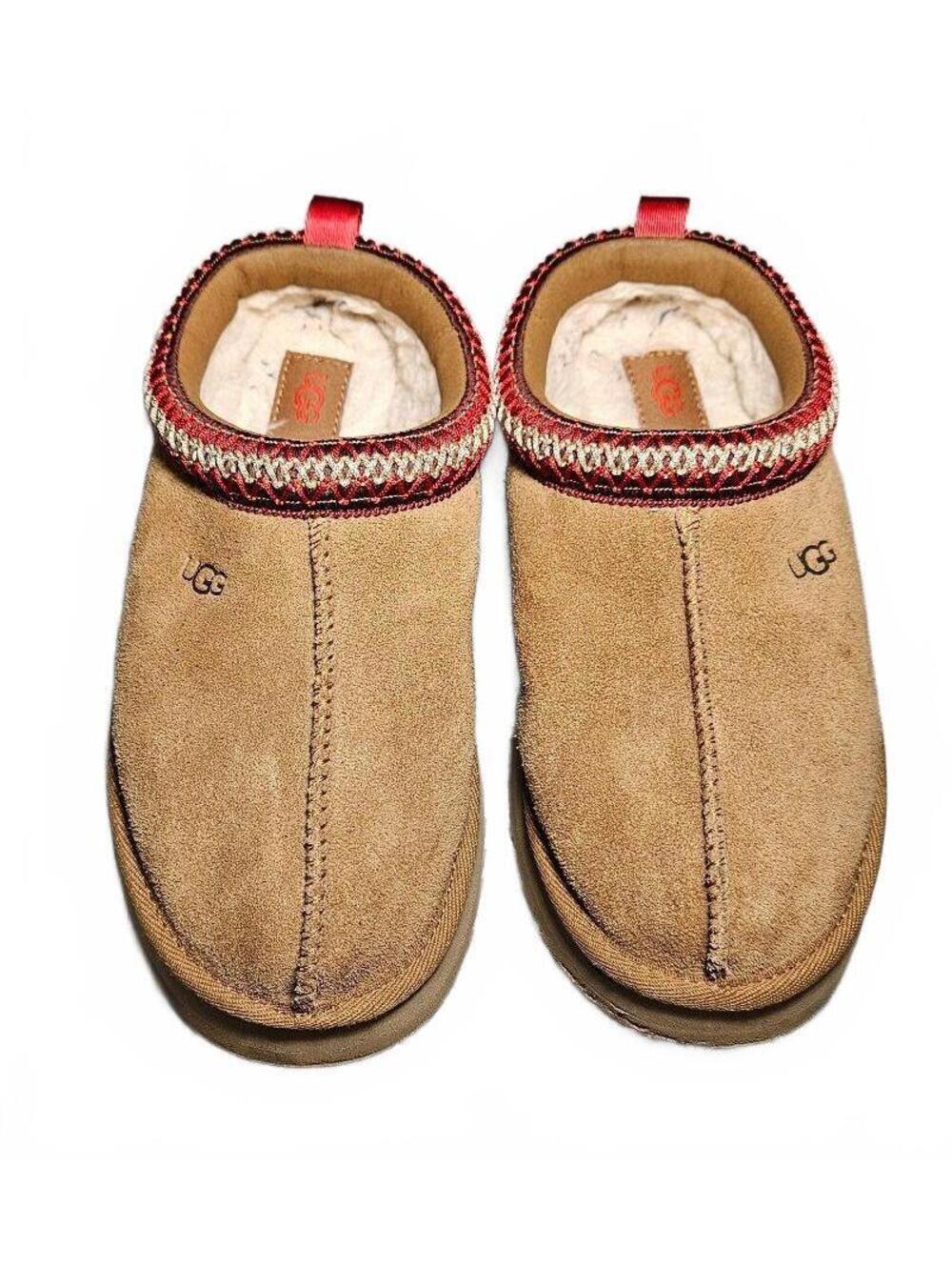 Cozy UGG Suede Slip-On Shearling Lined Slippers with Red Trim
